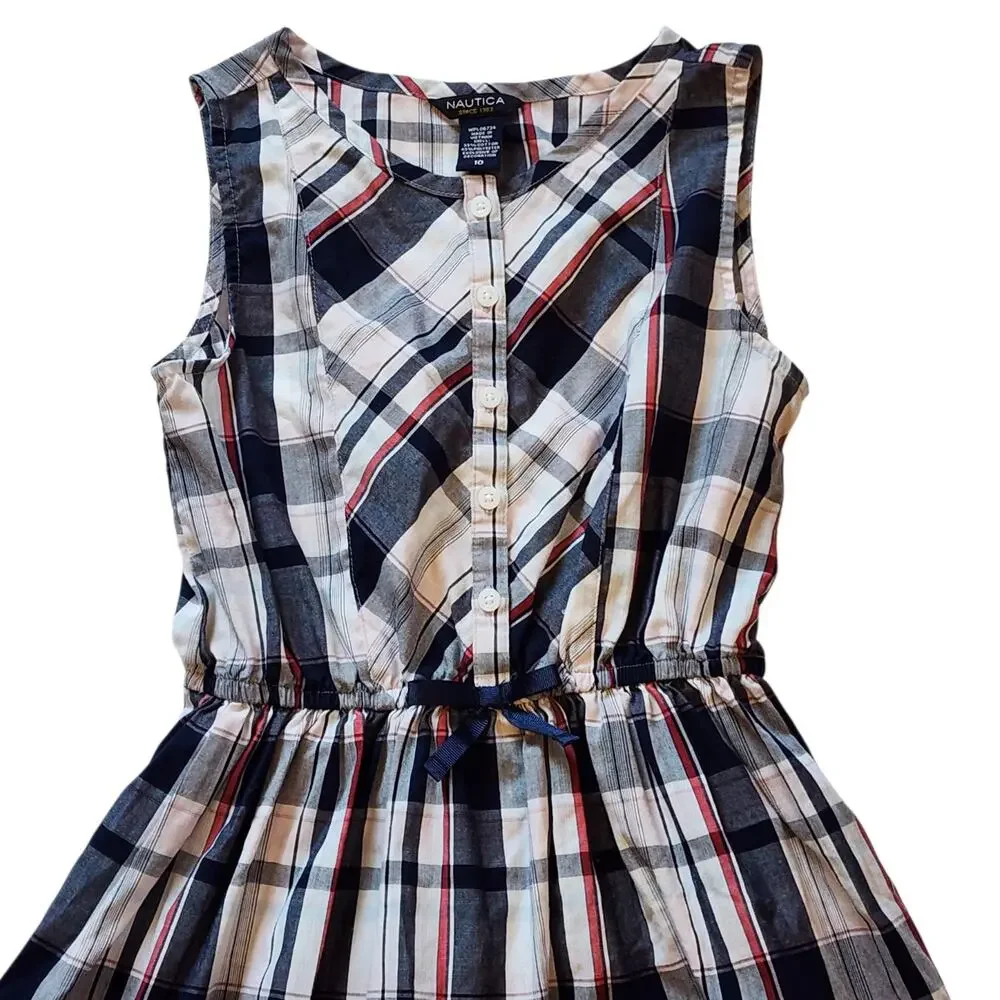 Nautica Girls Dress Size 10 Red White Blue Plaid Sleeveless High Waist Button